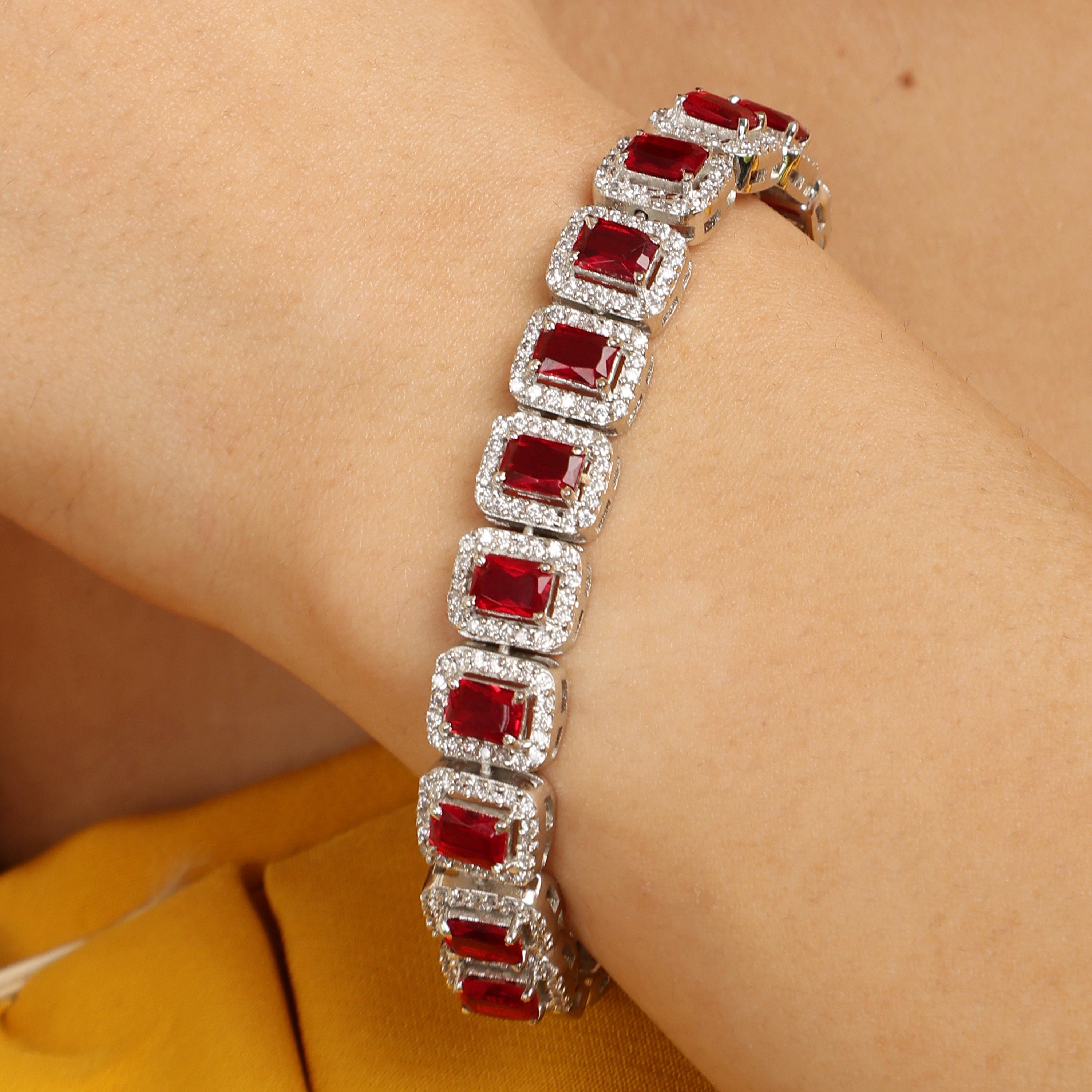 Regal Radiance sterling silver bracelet ruby red closeup