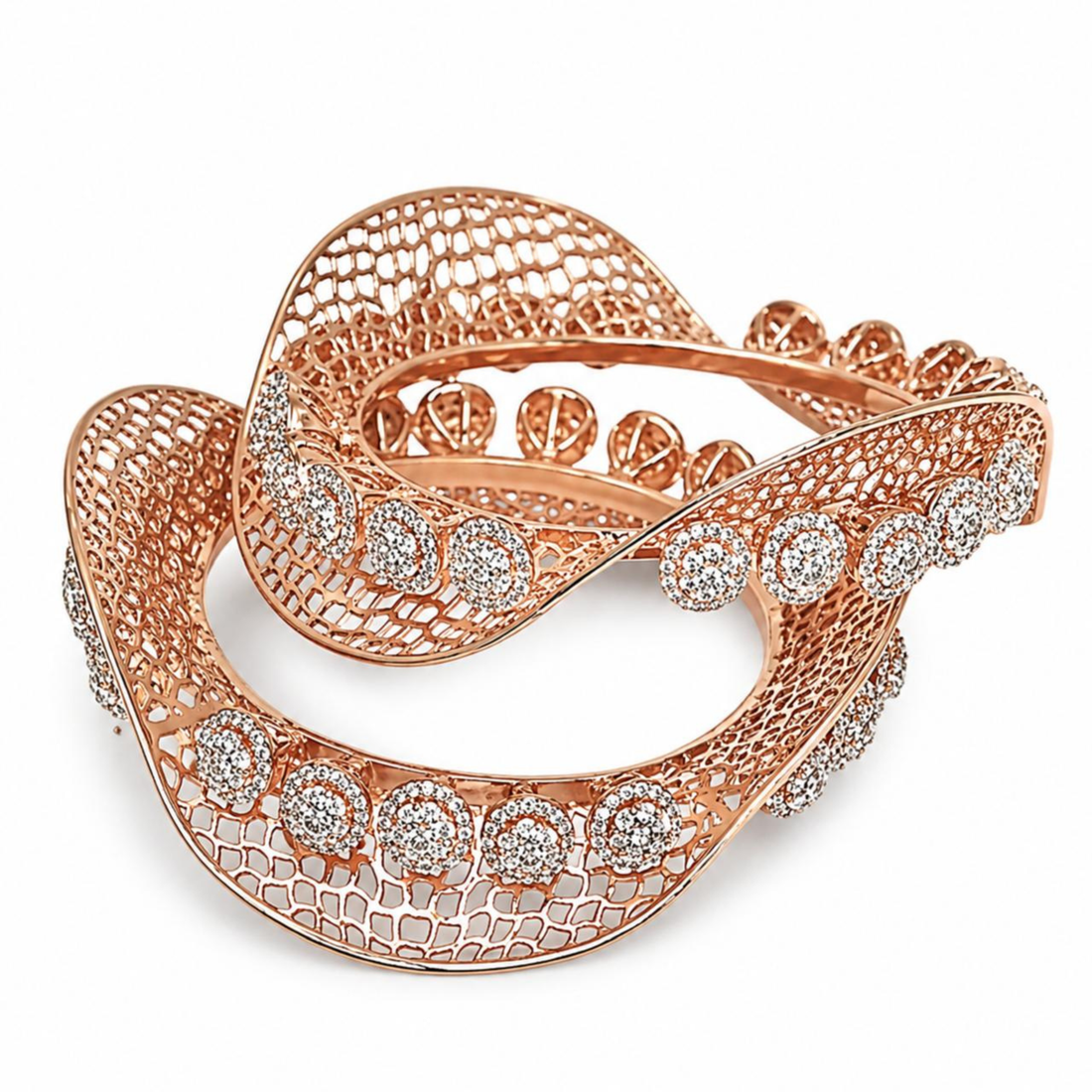 Rose gold designer diamond bangle in white background with elegant wave pattern and sparkling round stones