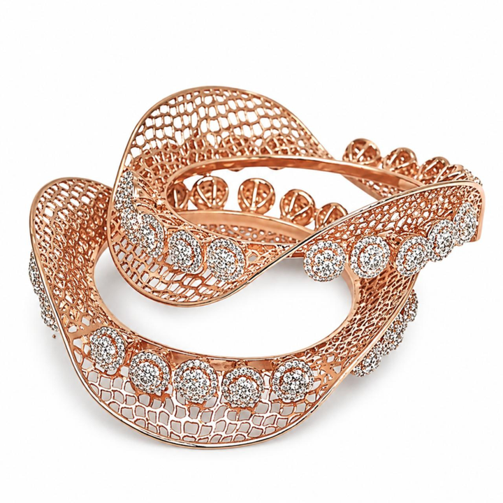 Rose gold designer diamond bangle in white background with elegant wave pattern and sparkling round stones