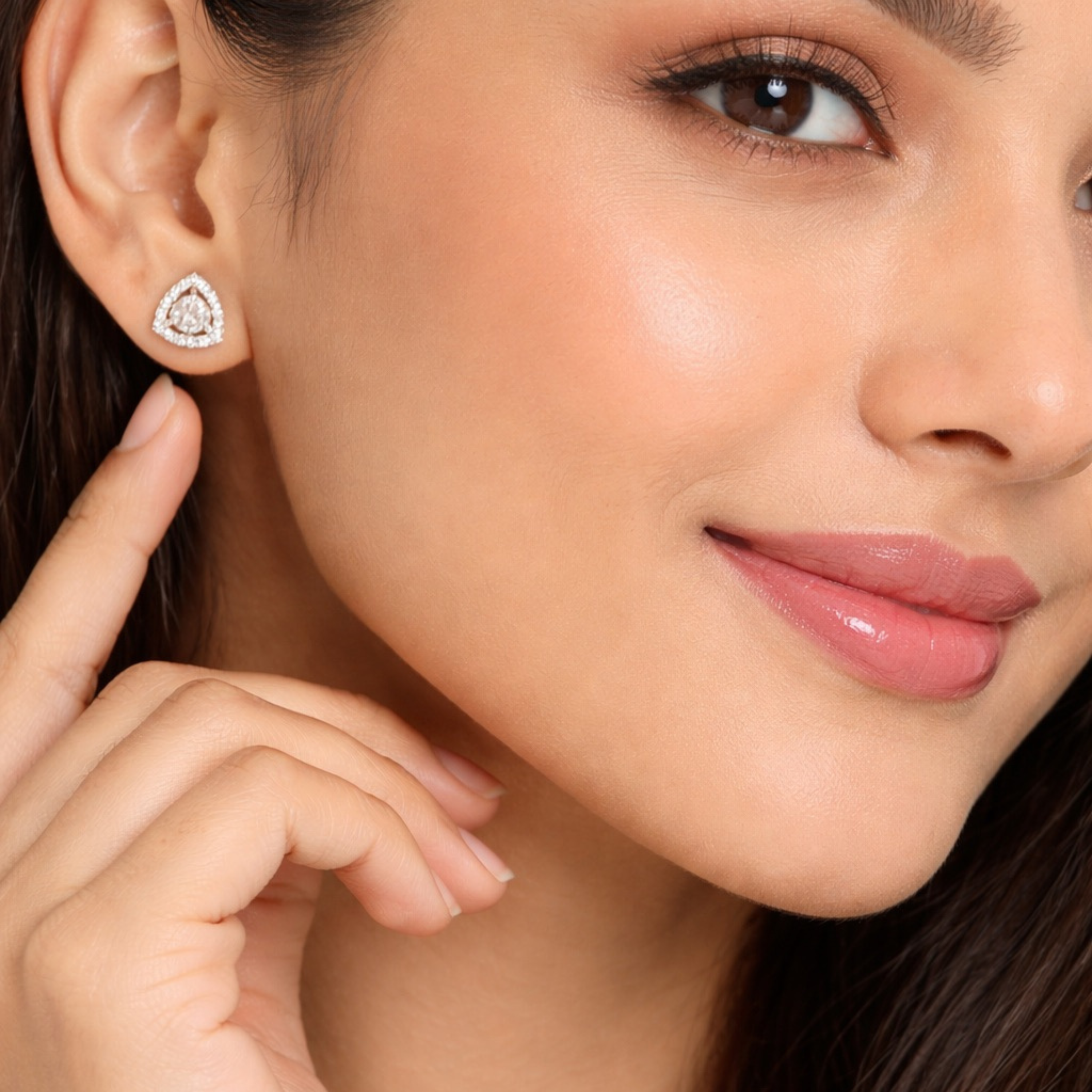 Royal Aura Trillion Cut sterling silver studs close-up detail