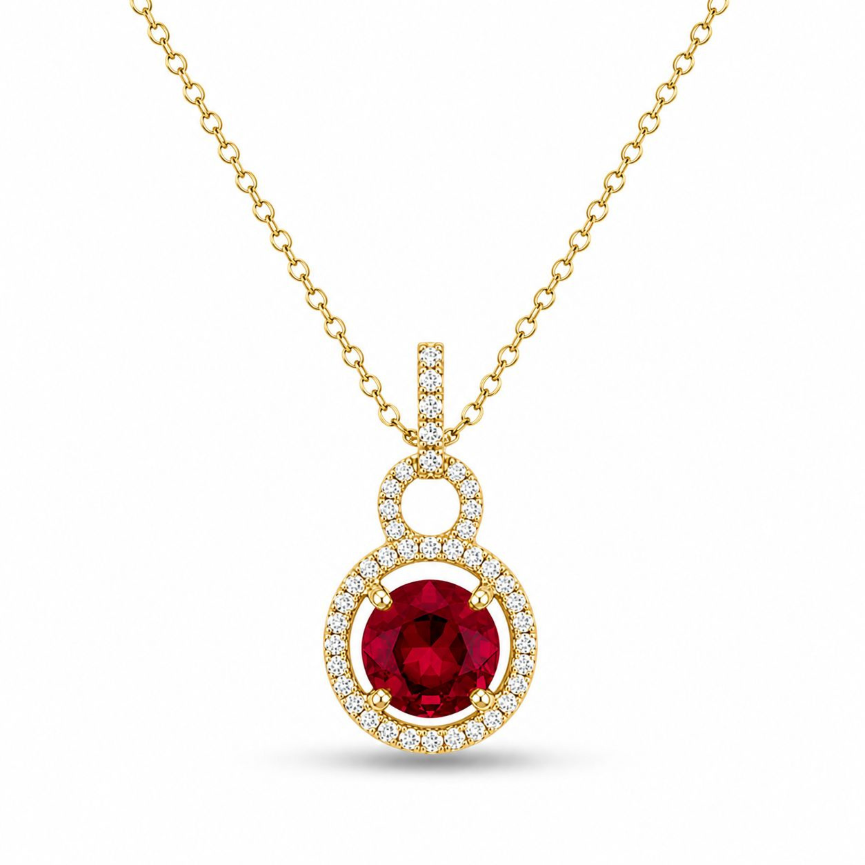     Ruby halo pendant necklace in golden polish with sparkling white stones and red center stone