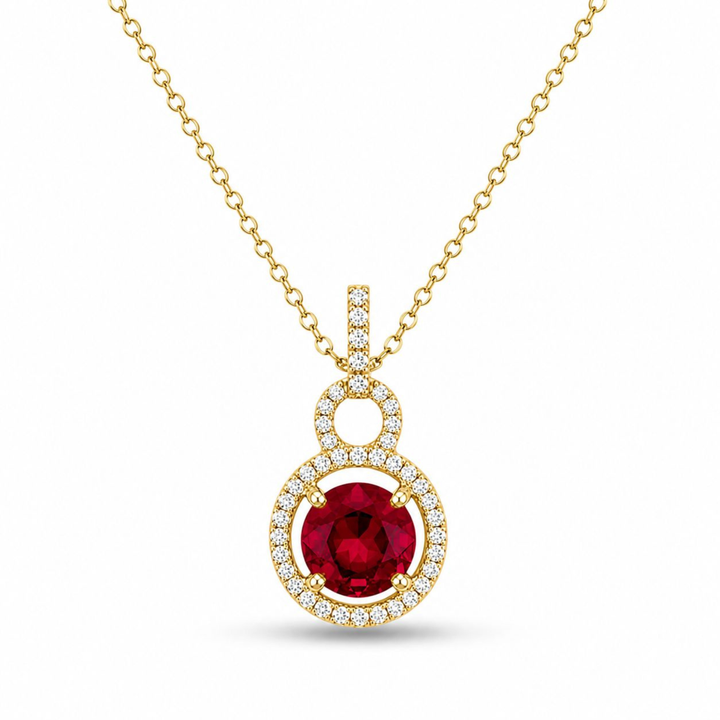     Ruby halo pendant necklace in golden polish with sparkling white stones and red center stone
