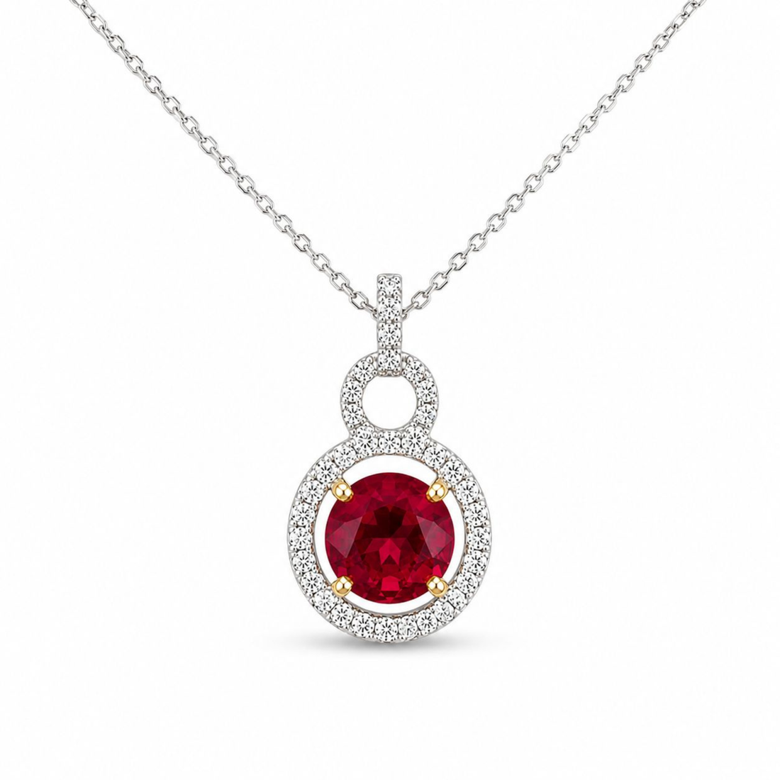   Ruby halo pendant necklace in white polish with round red stone and diamond look detailing