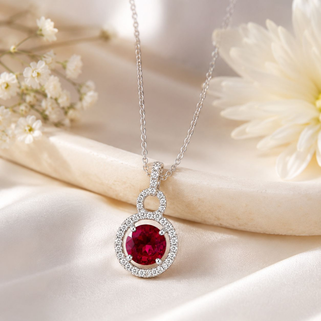     Close-up of ruby halo 925 silver pendant necklace with white stones and red gemstone
