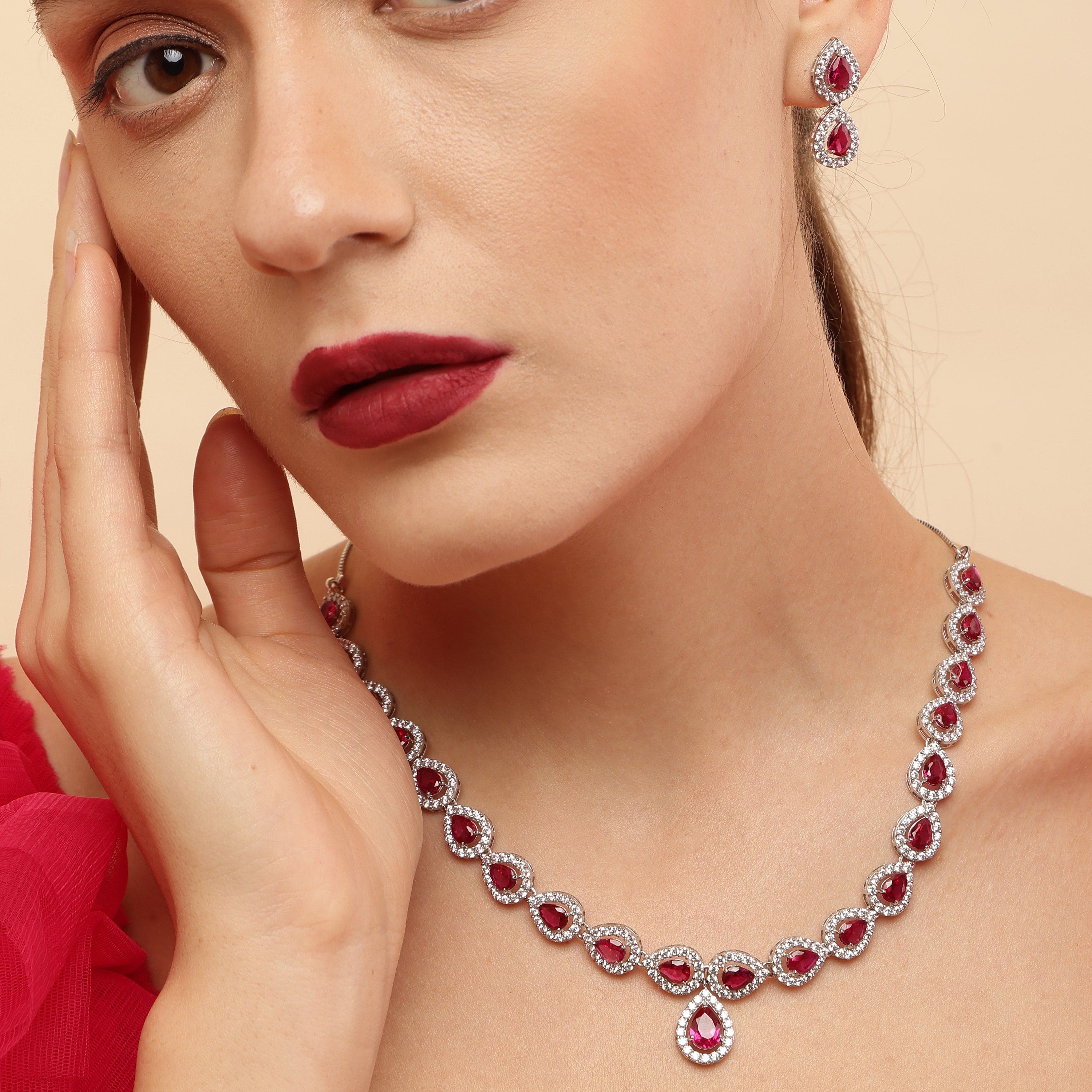 Ruby Love 925 sterling silver necklace set front view