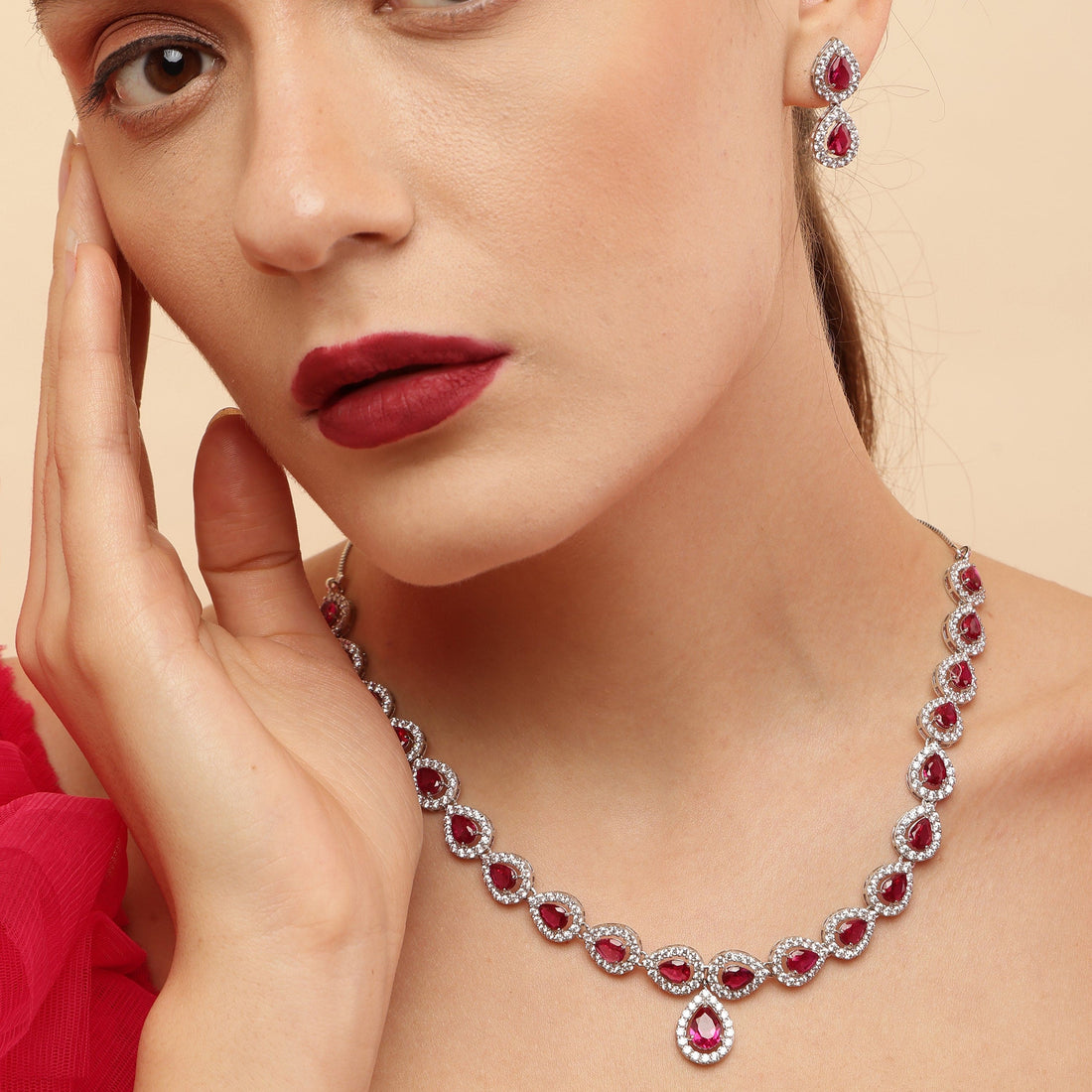 Ruby Love 925 sterling silver necklace set front view