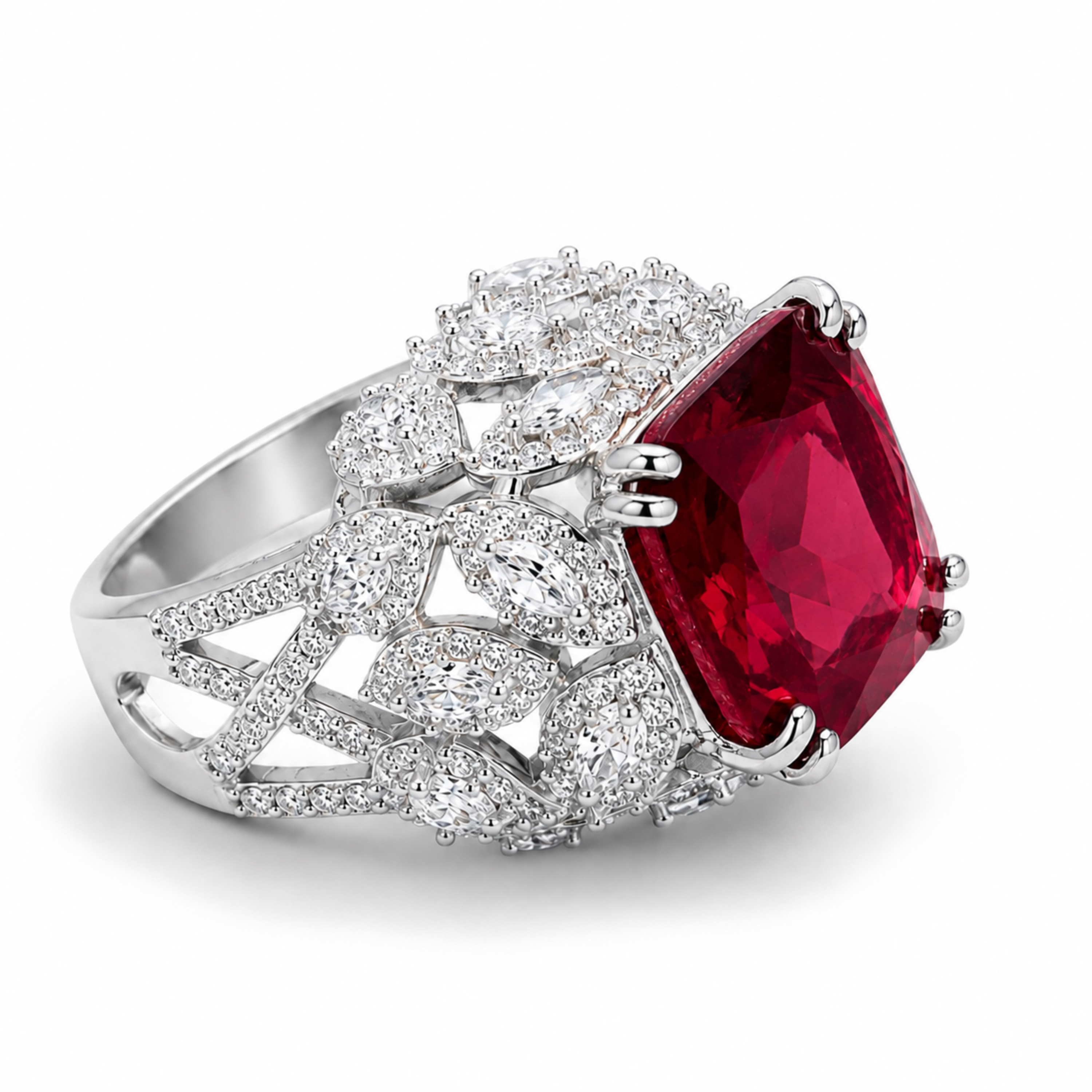 Luxury ruby gemstone statement ring in white polish with sparkling white stones, designer jewellery for women.