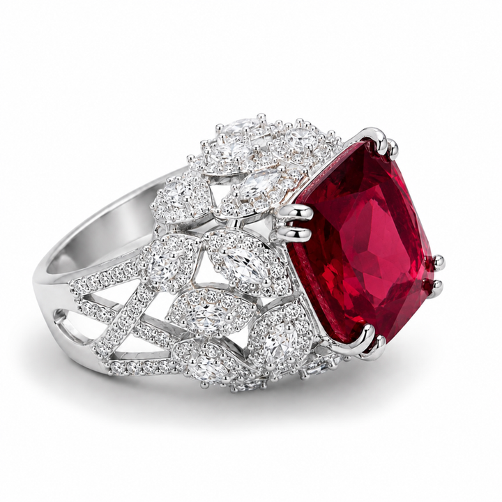 Luxury ruby gemstone statement ring in white polish with sparkling white stones, designer jewellery for women.