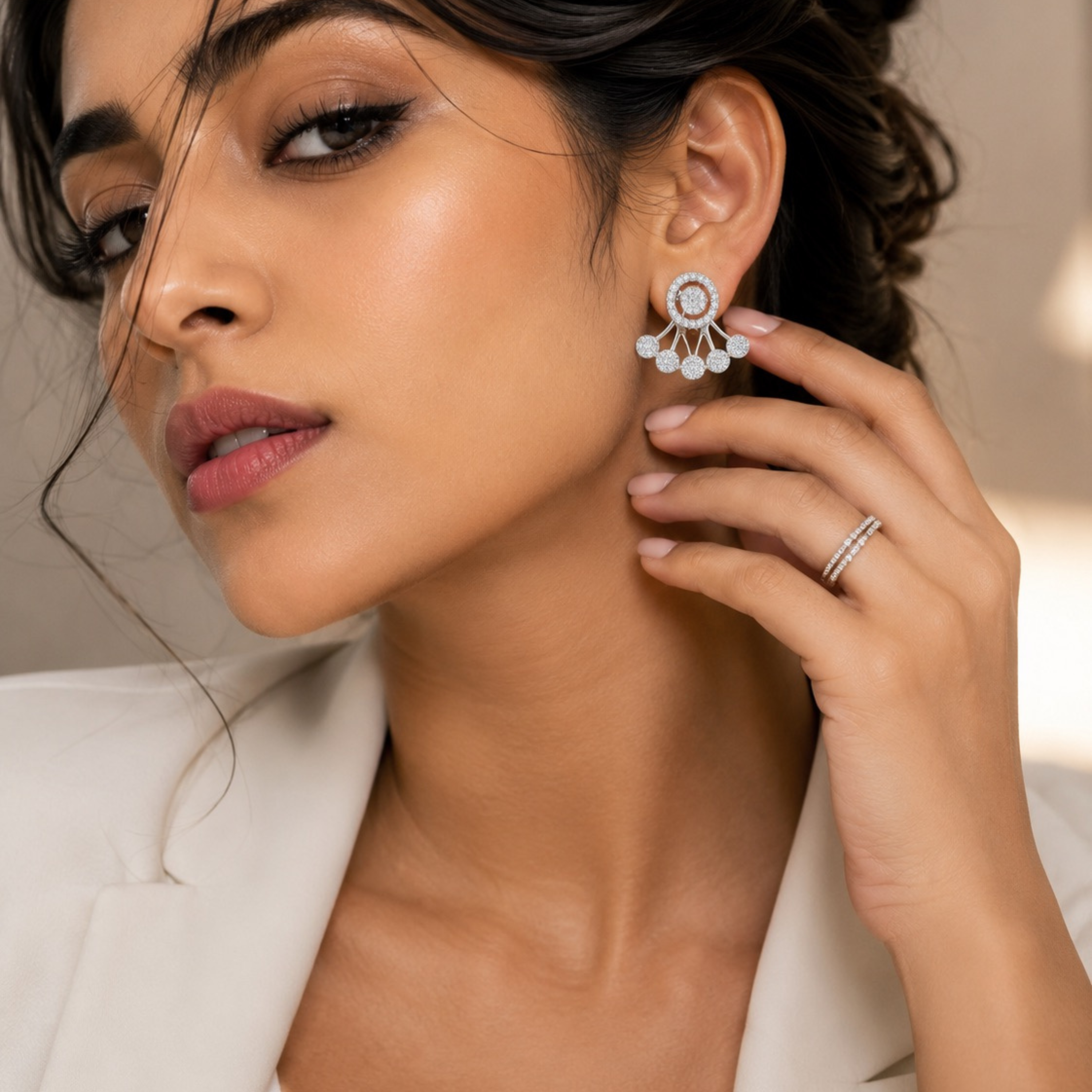 Silver ear jacket style party wear earrings, round halo fan cluster design with screw-back closure