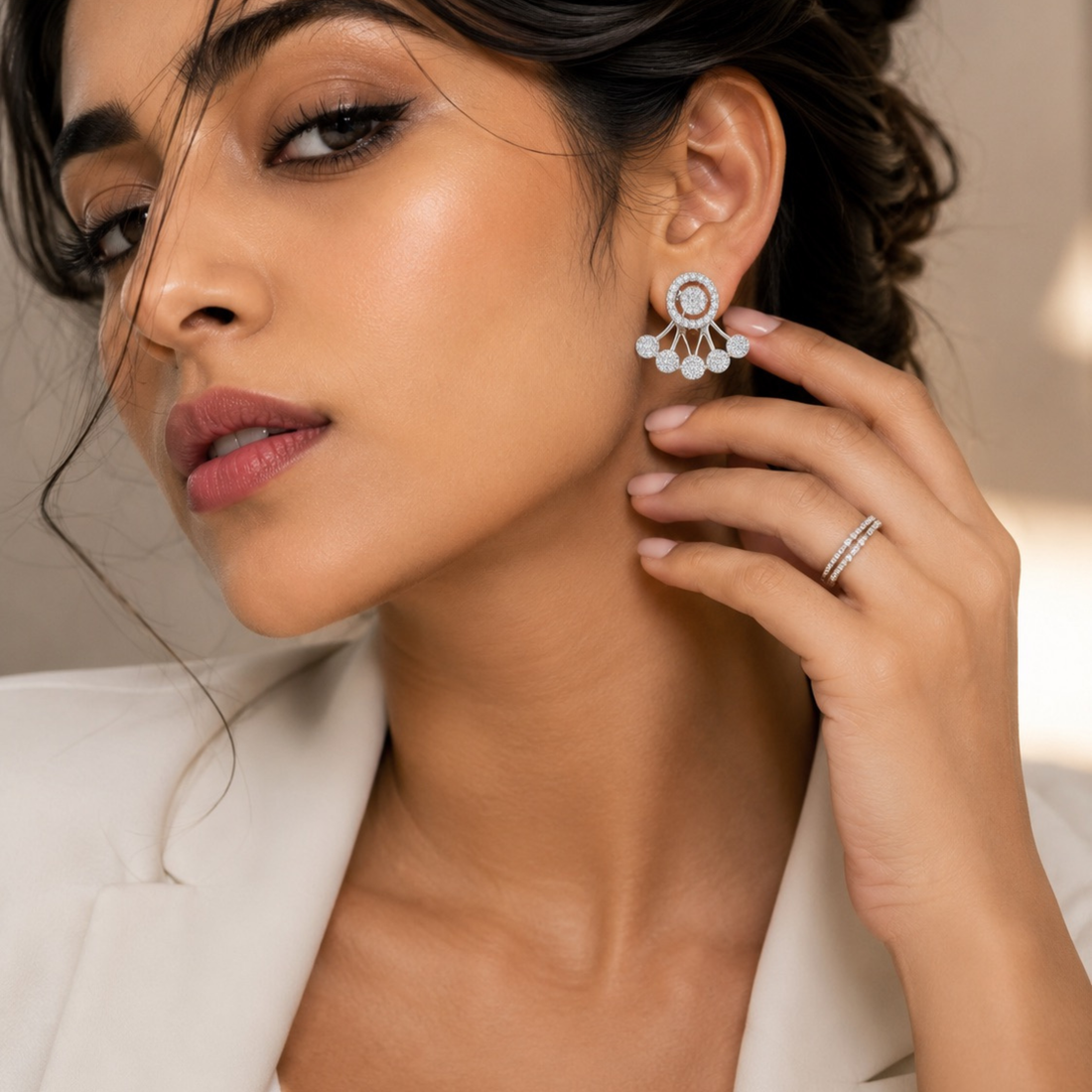 Silver ear jacket style party wear earrings, round halo fan cluster design with screw-back closure