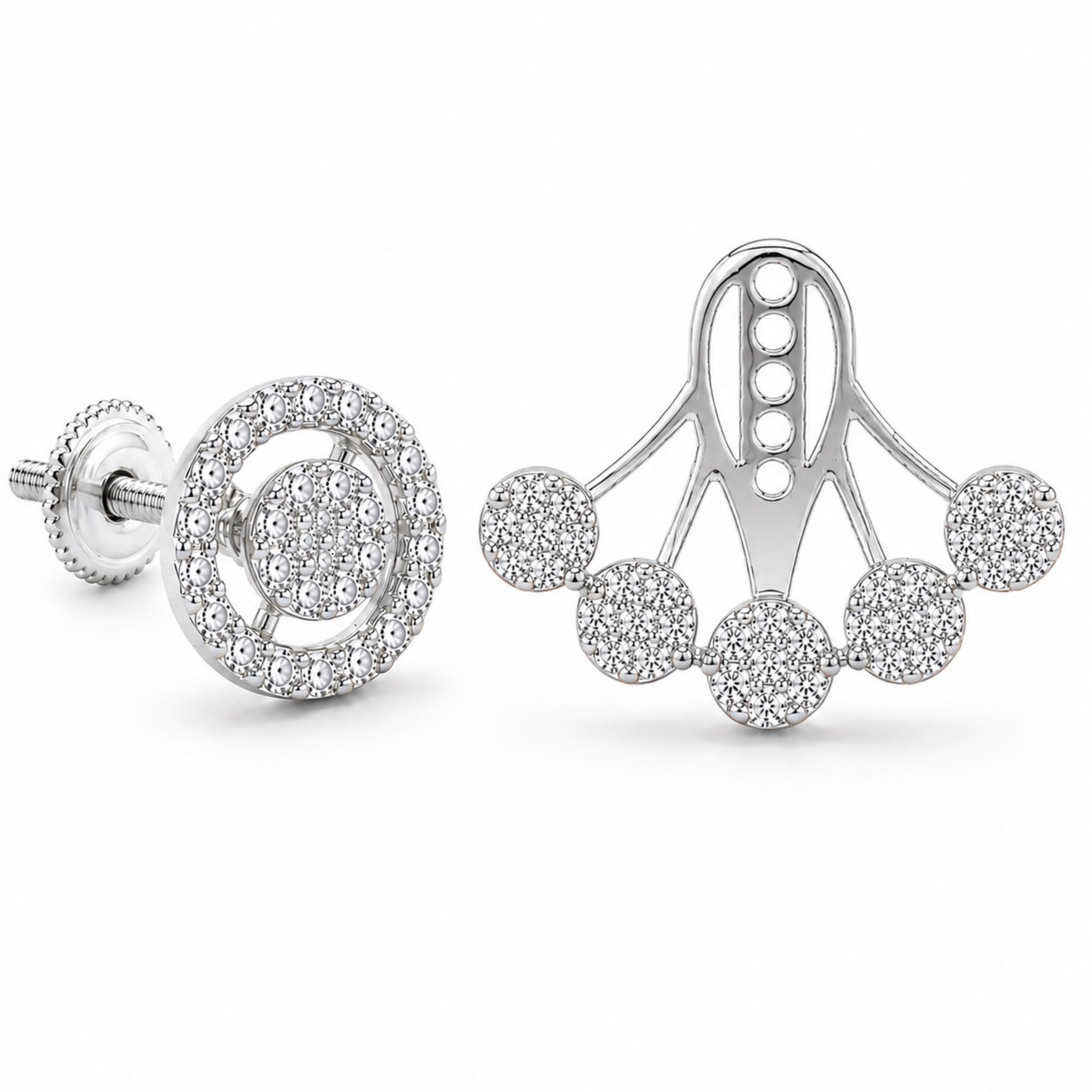 Woman wearing silver ear jacket party wear earrings, round halo fan cluster close-up
