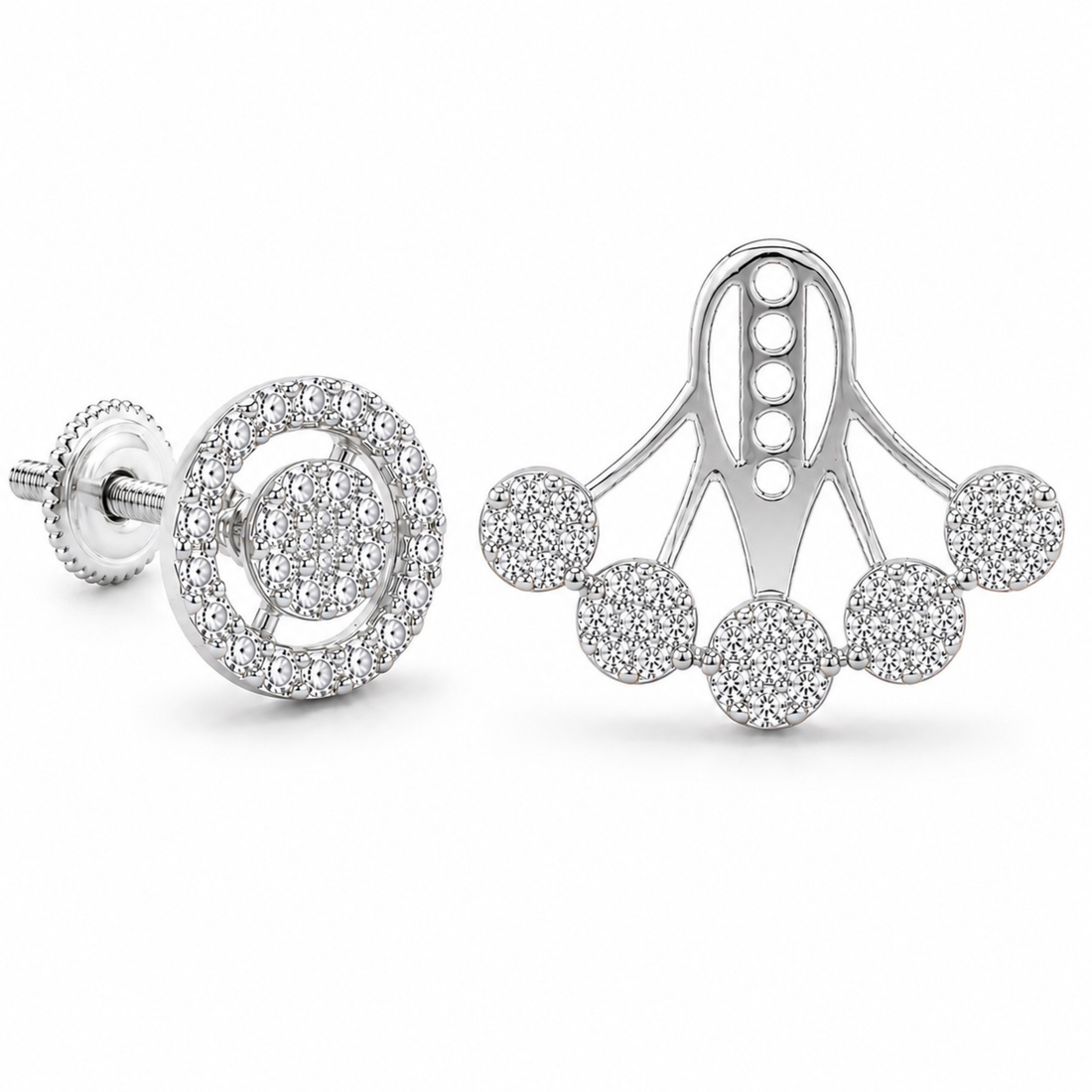 Woman wearing silver ear jacket party wear earrings, round halo fan cluster close-up