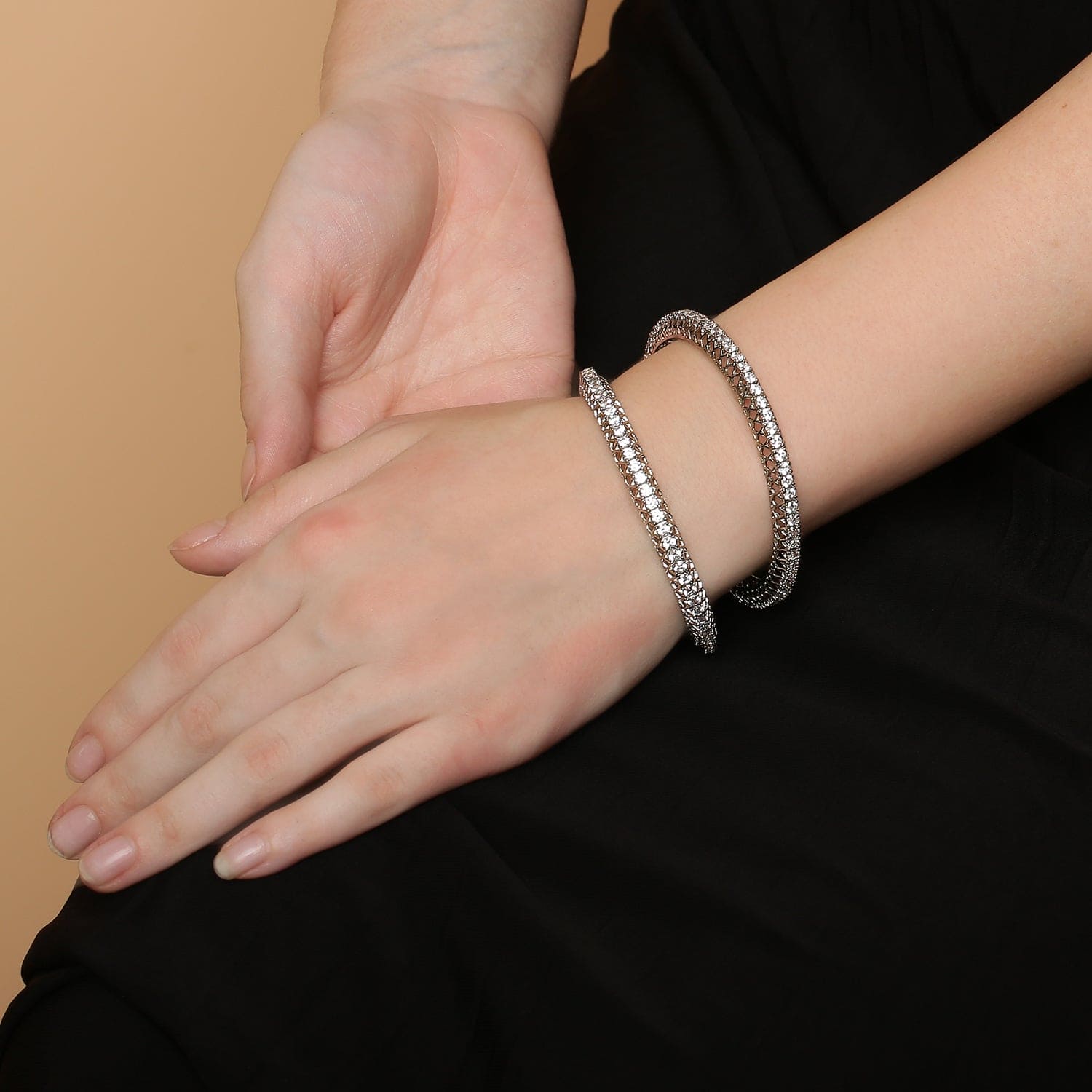 Single Line Classic Diamond 925 sterling silver bangle worn on wrist