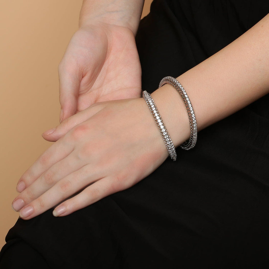 Single Line Classic Diamond 925 sterling silver bangle worn on wrist