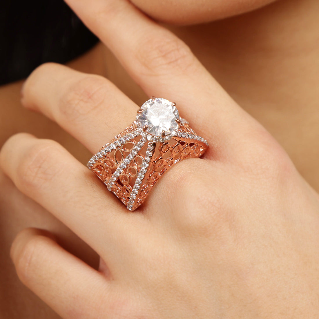 Solitaire Tower sterling silver ring worn on hand