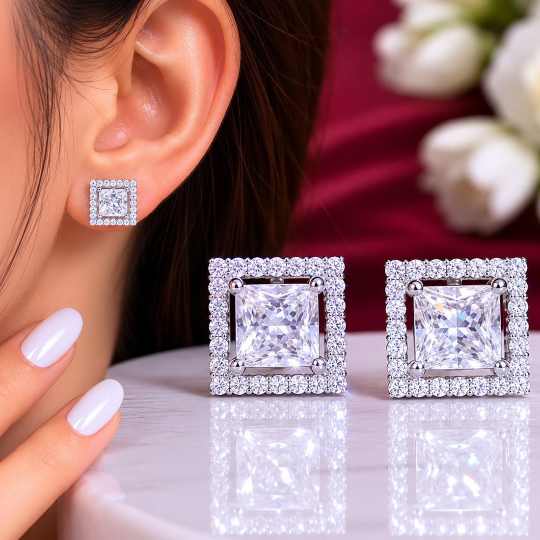 925 sterling silver square halo stud earrings featuring princess cut center stone and pave diamond border