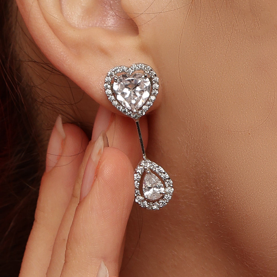 Sweetheart Sparkle Drop sterling silver earrings worn look