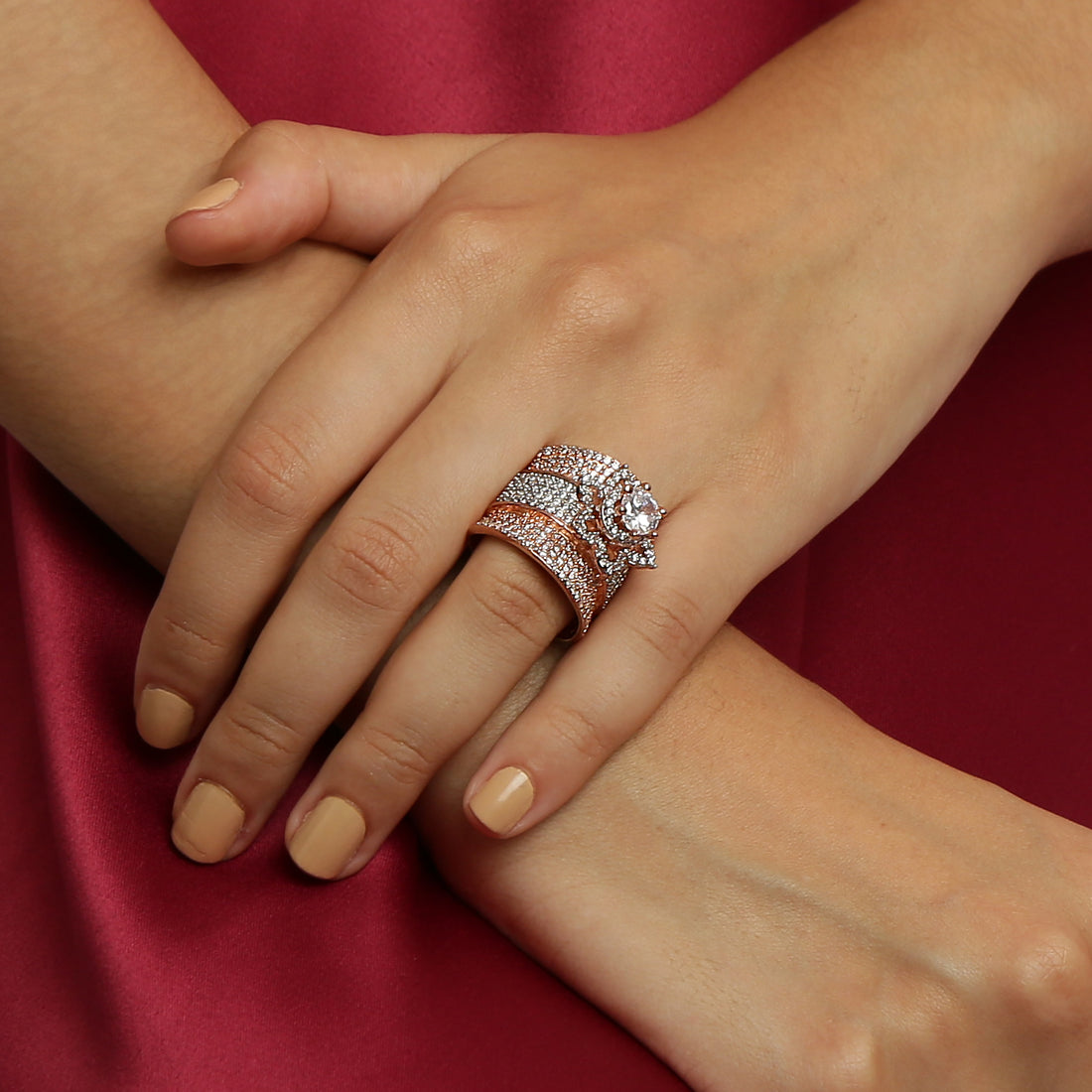 Swish silver rose gold sterling silver ring close-up detail