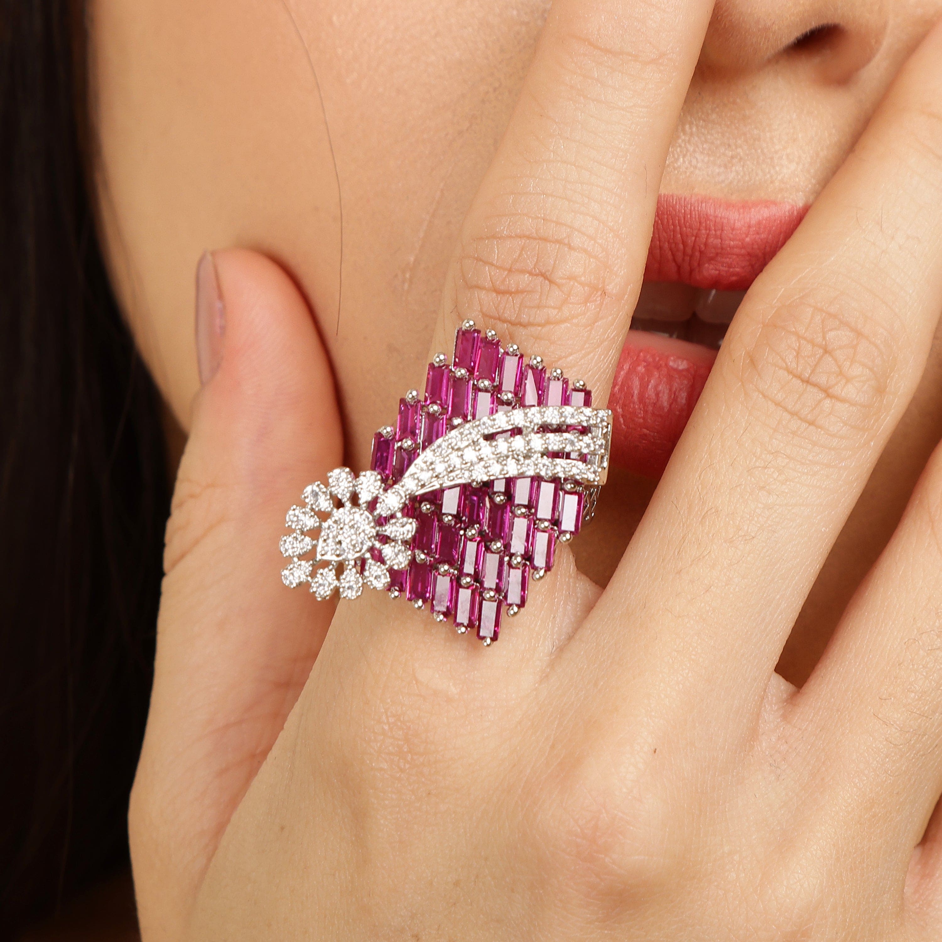 The Ruby Crest sterling silver ring close-up detail