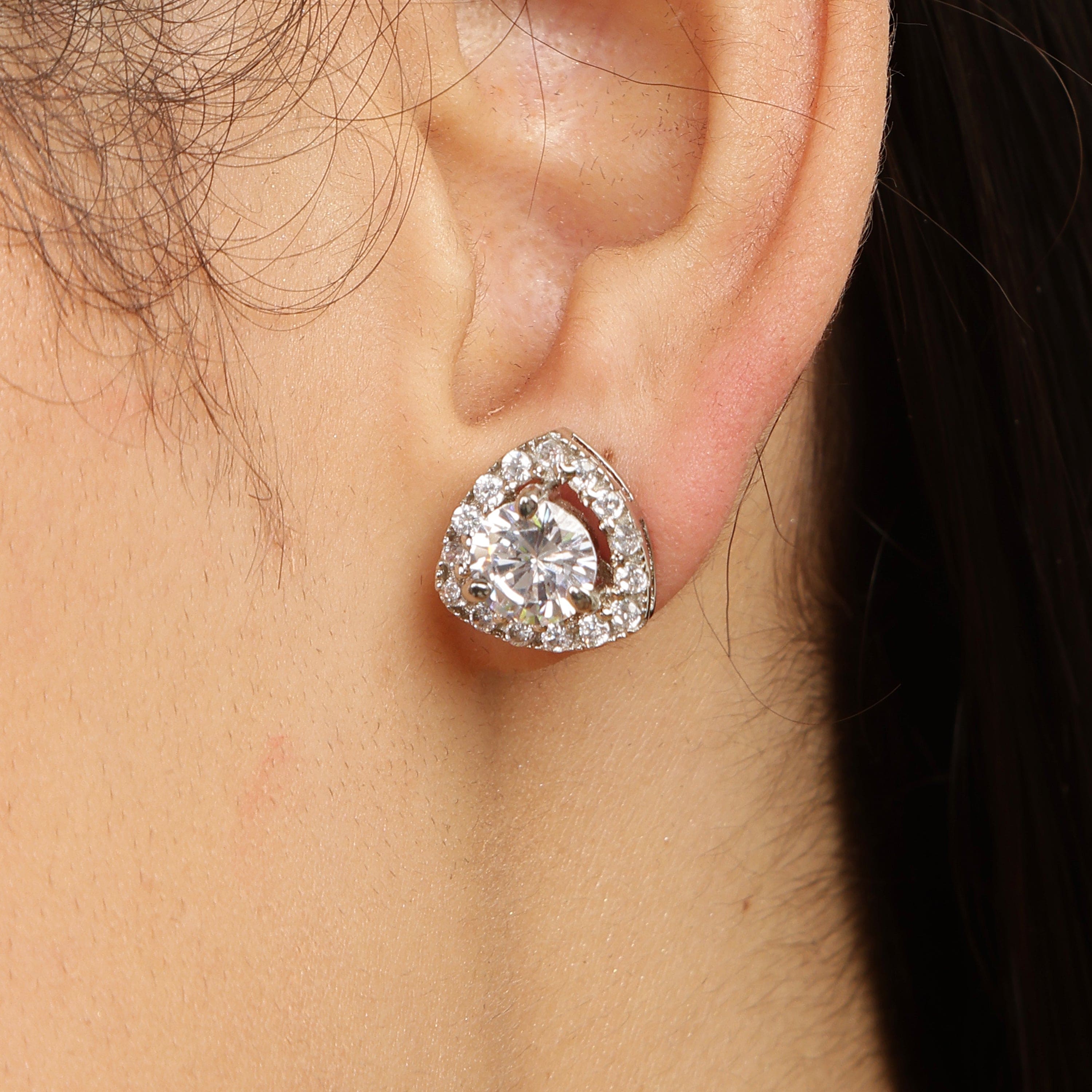 Triangular Solitaire sterling silver studs close-up detail