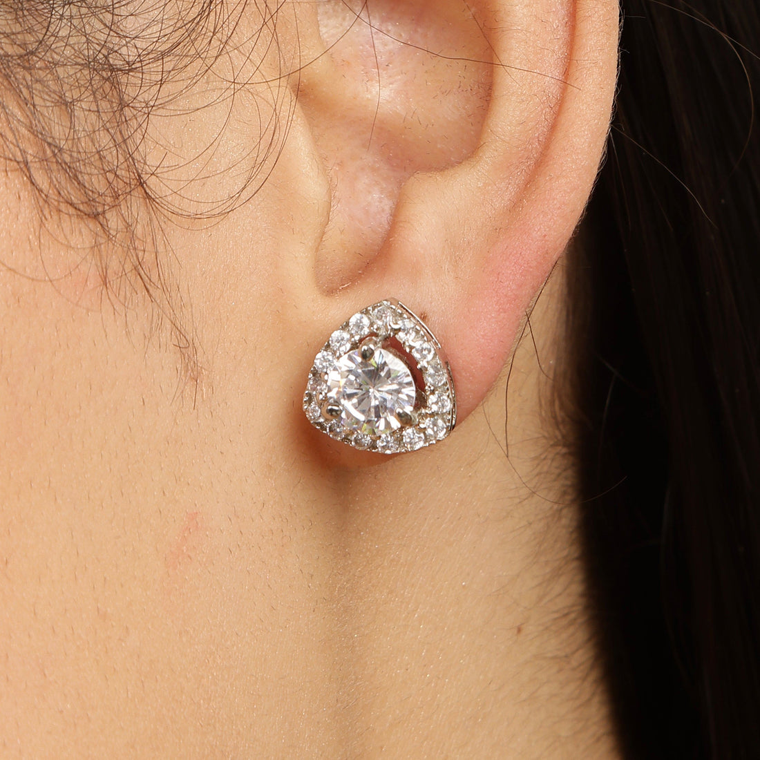 Triangular Solitaire sterling silver studs close-up detail