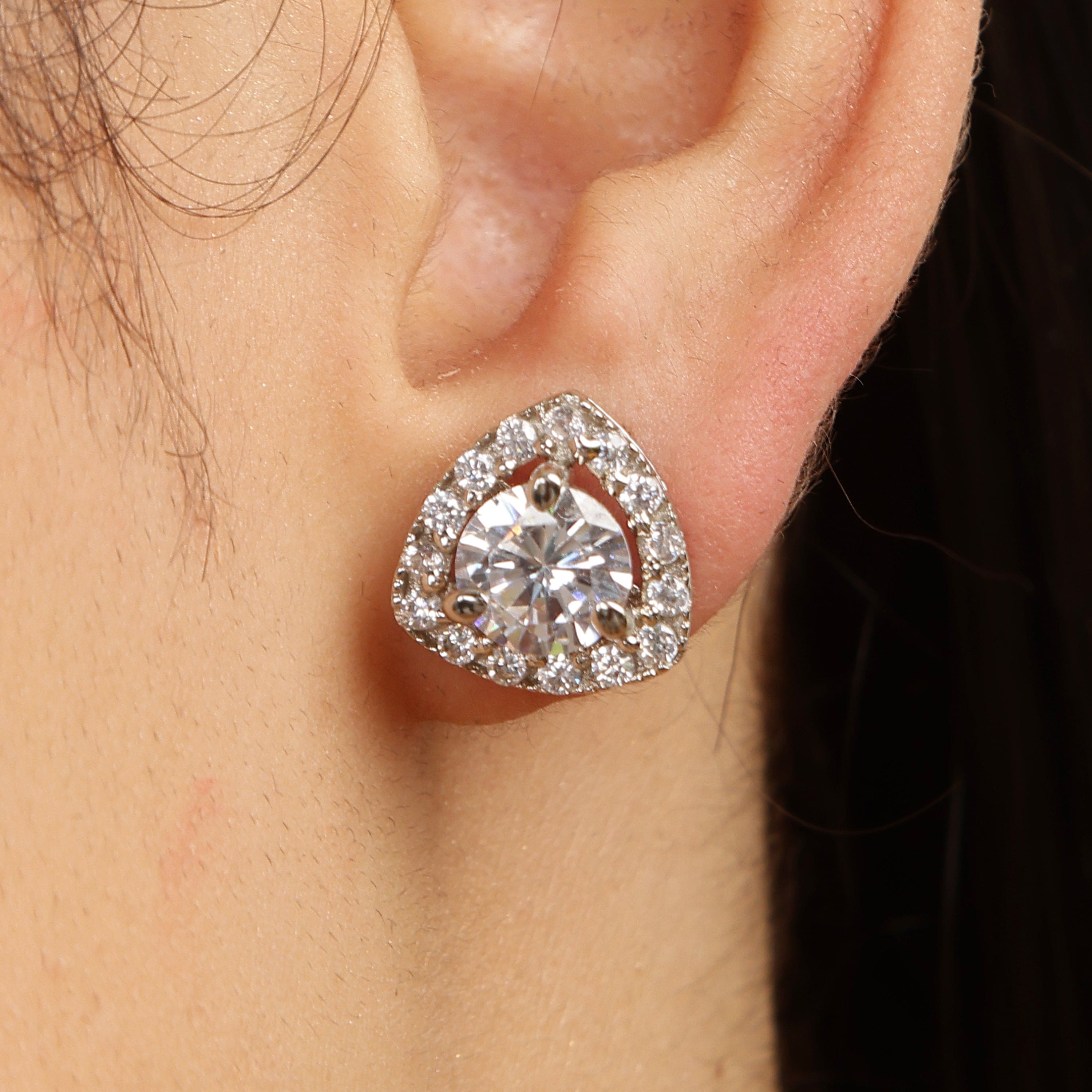 Triangular Solitaire sterling silver studs worn look
