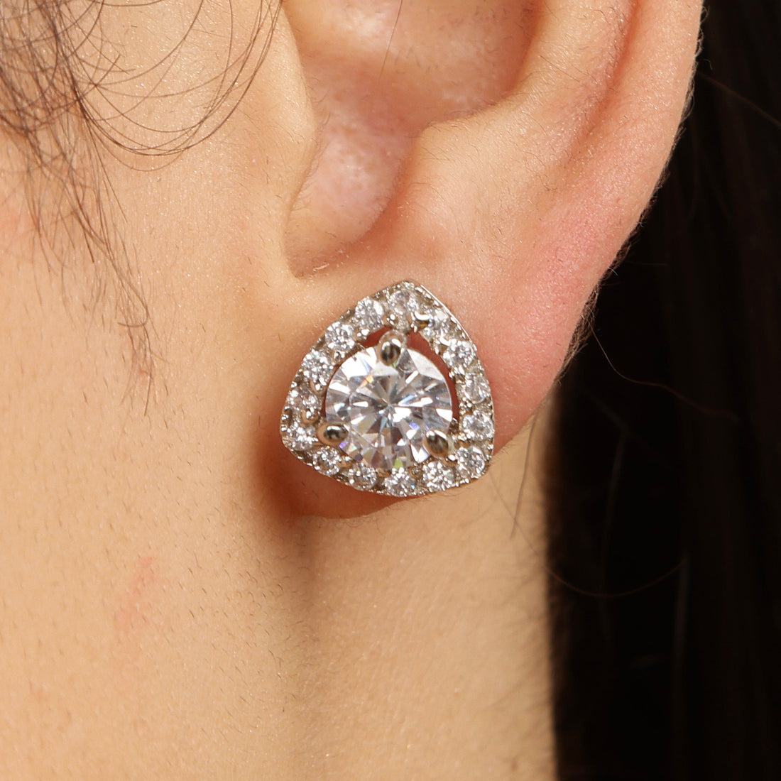 Triangular Solitaire sterling silver studs worn look