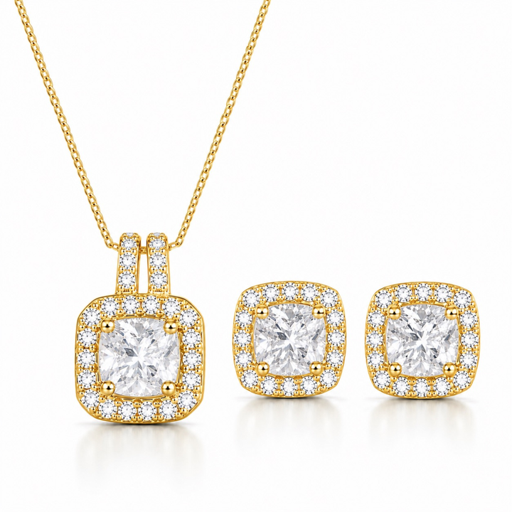 Velmira Diamond Halo pendant set in gold polish with diamond white stones and elegant chain