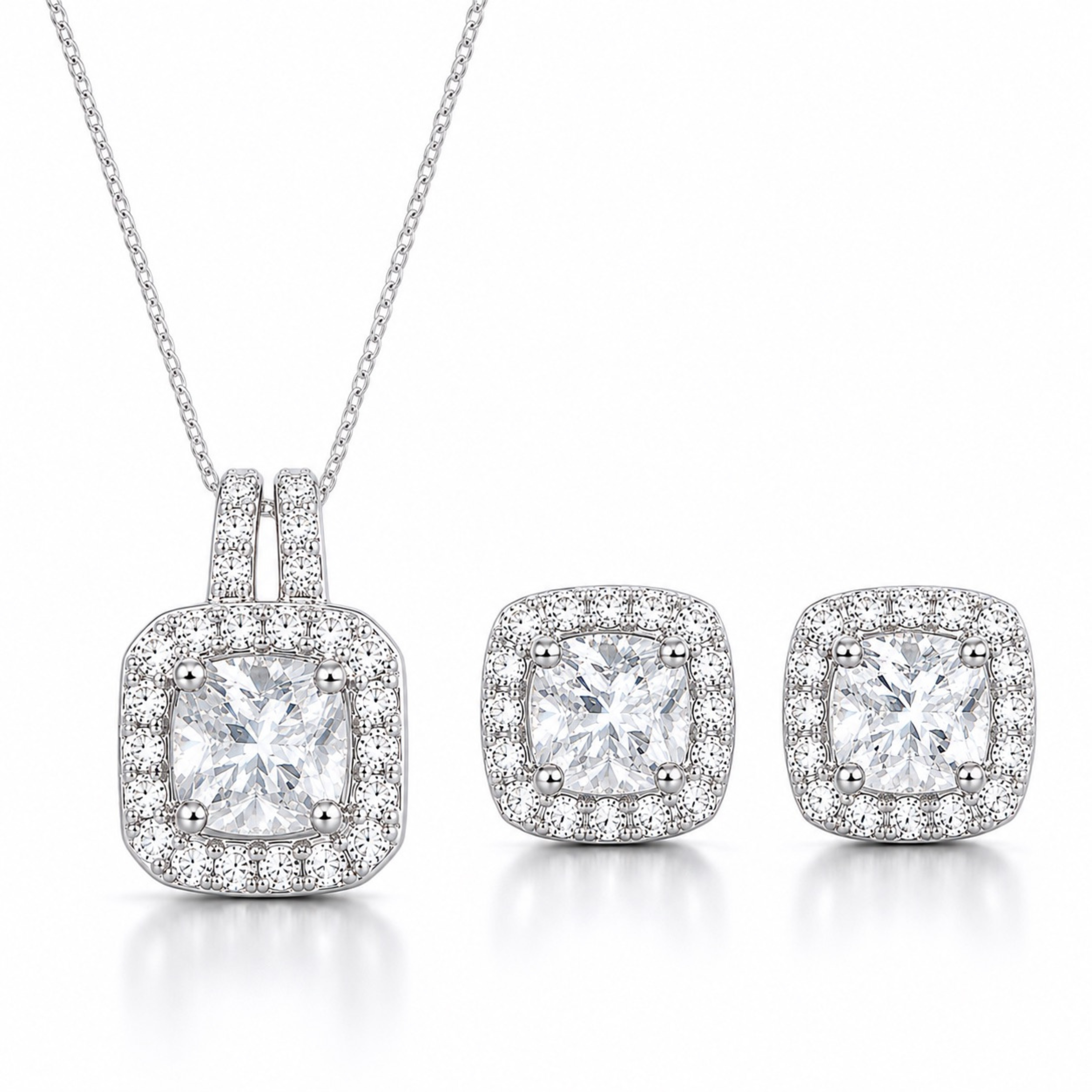 Velmira Diamond Halo pendant set in white polish with sparkling diamond white stones and matching earrings