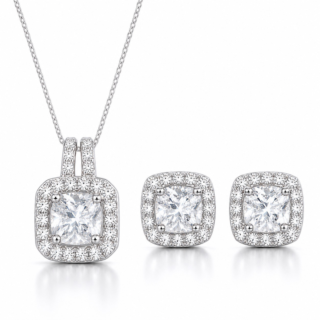 Velmira Diamond Halo pendant set in white polish with sparkling diamond white stones and matching earrings