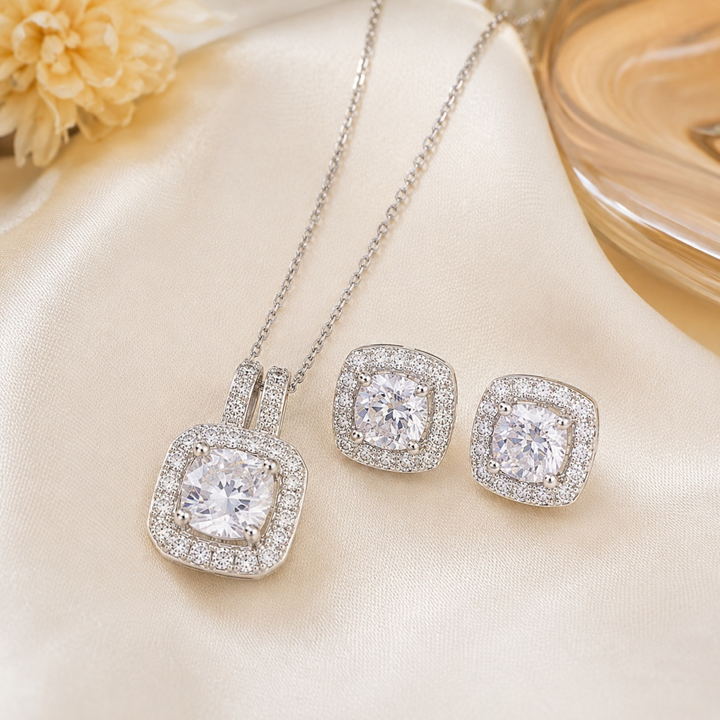 Luxury creative shot of Velmira Diamond Halo pendant set with sparkling white stones and elegant styling
