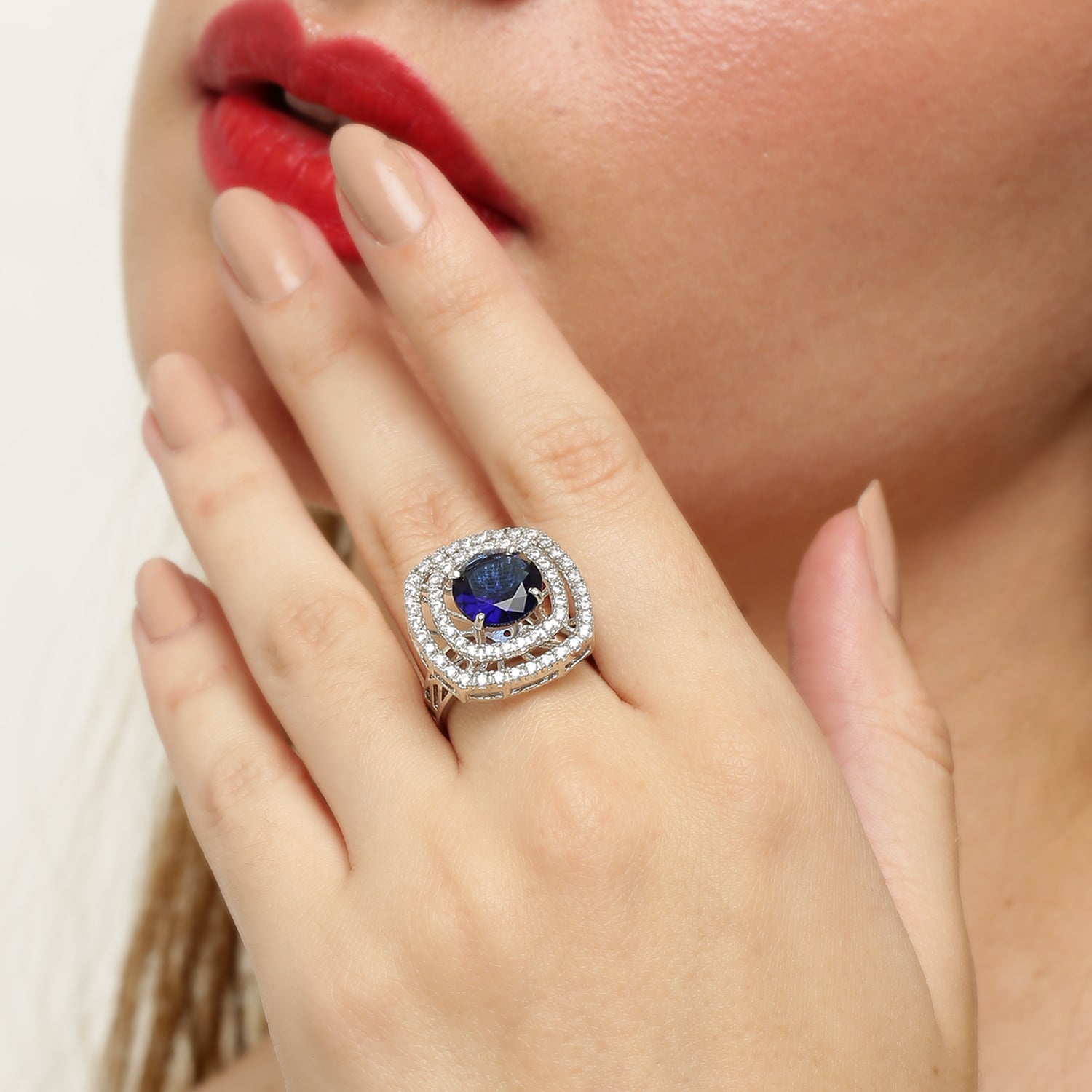 Victoria Blue Sapphire sterling silver ring side angle view
