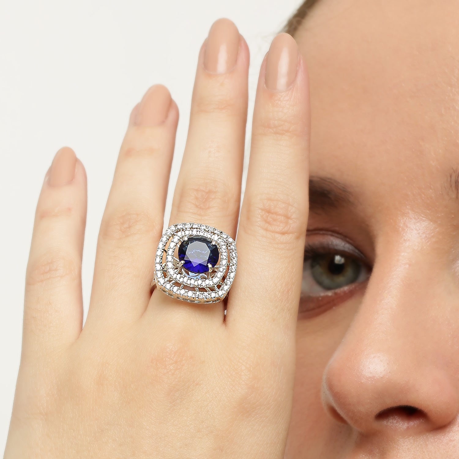 Victoria Blue Sapphire sterling silver ring worn on hand