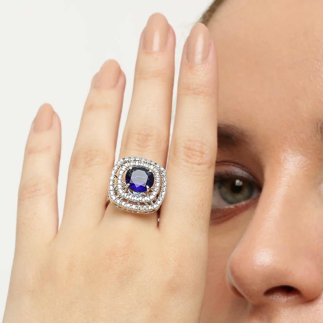 Victoria Blue Sapphire sterling silver ring worn on hand