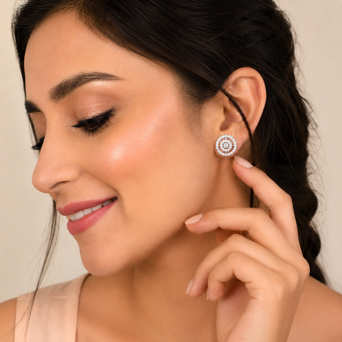 Beautiful model wearing white polish circular diamond stud earrings, realistic luxury jewellery fashion portrait for website