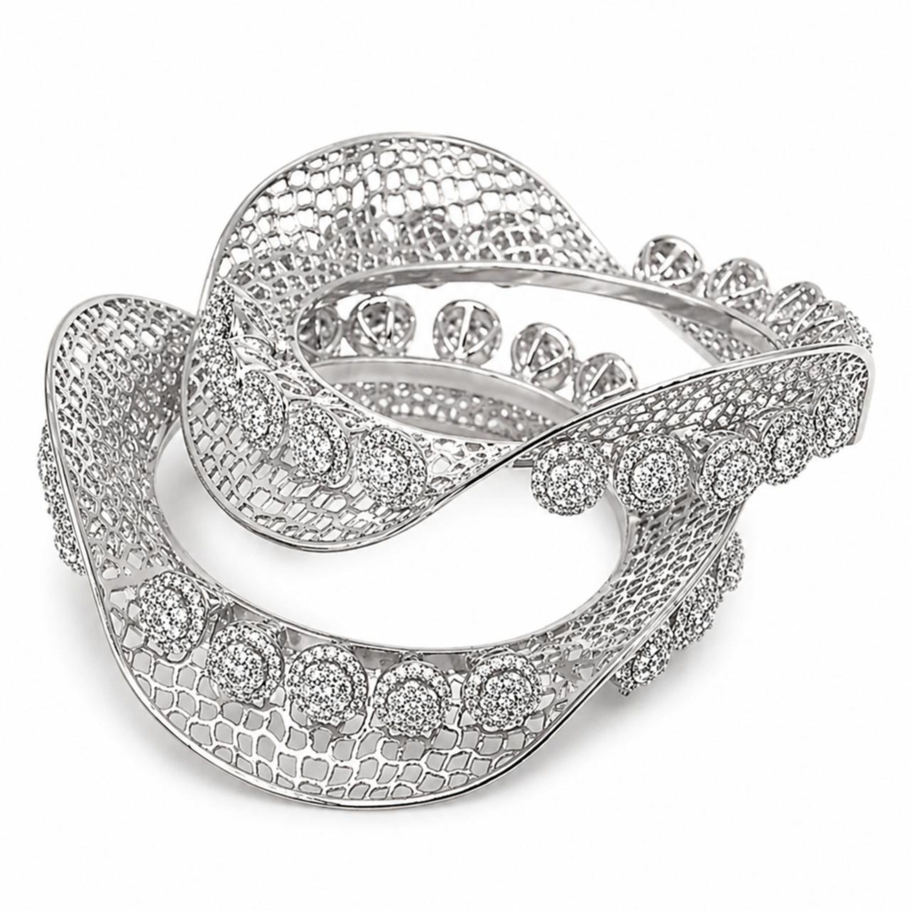 White polish designer diamond bangle in white background with luxurious wave pattern