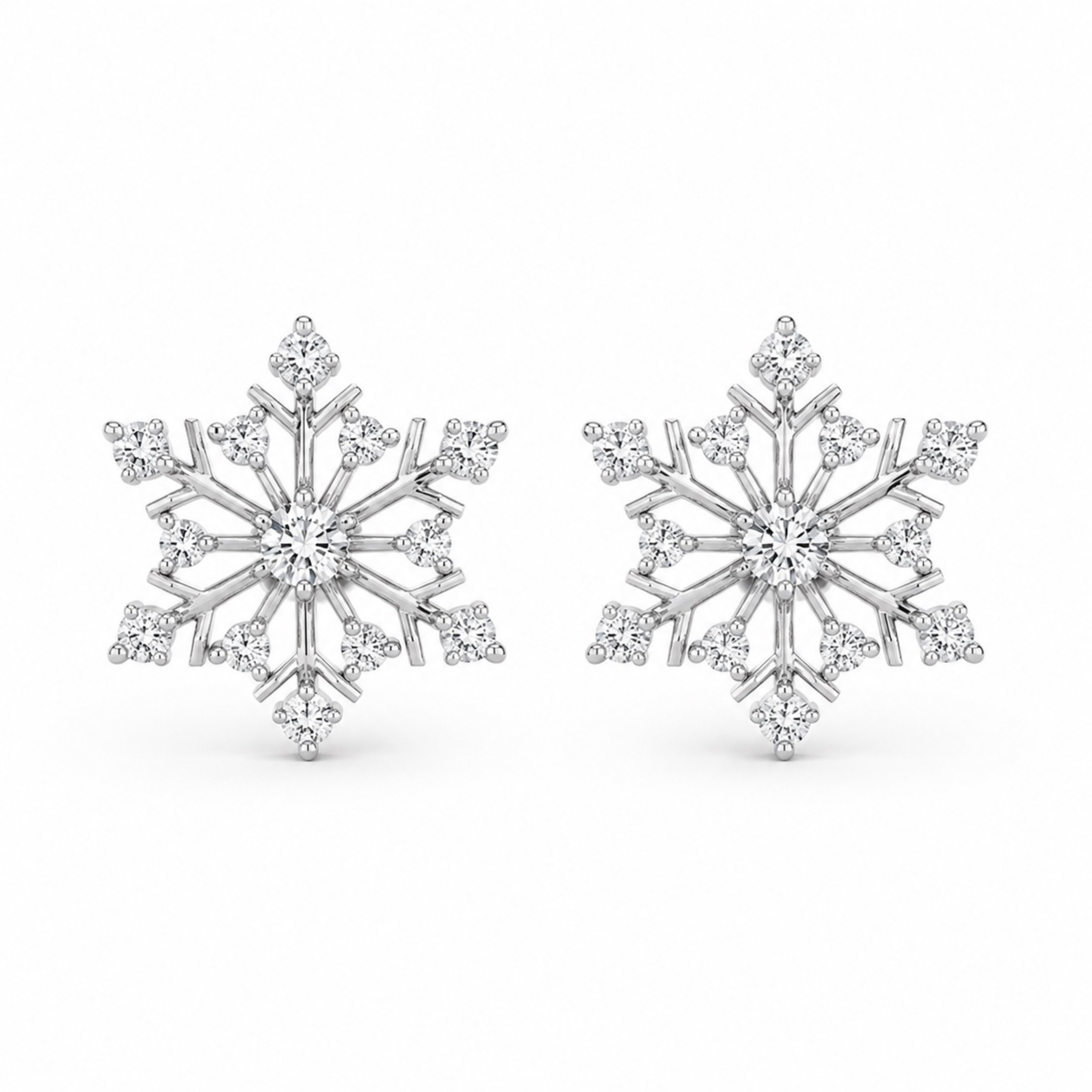 White polish snowflake diamond stud earrings with sparkling white stones on white background, realistic silver jewellery product image