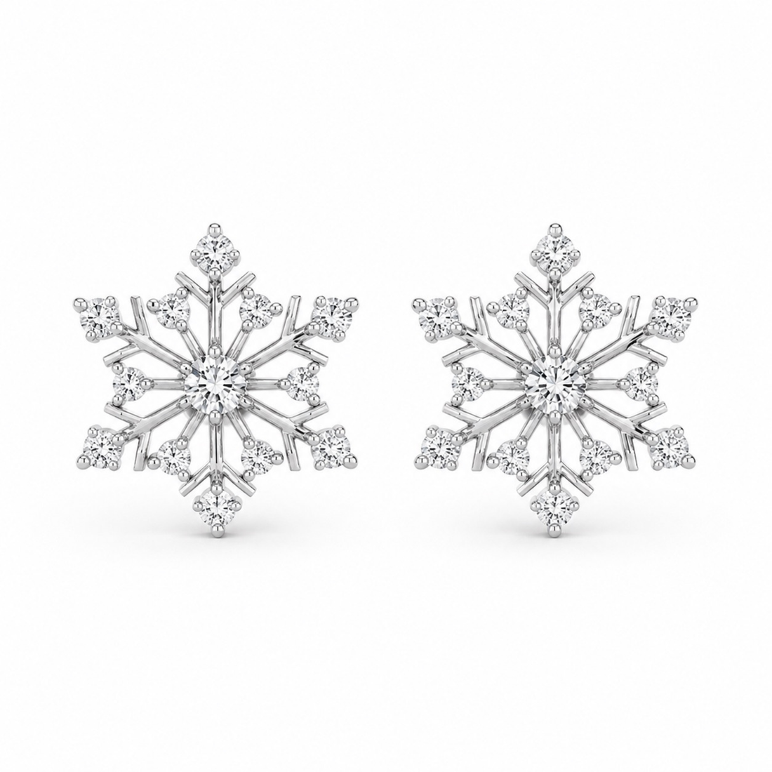 White polish snowflake diamond stud earrings with sparkling white stones on white background, realistic silver jewellery product image